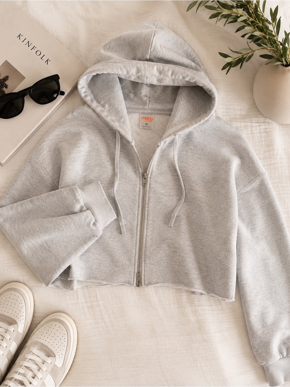 MONO B Light Gray Cropped Zip-Up Hoodie | Women’s Medium | Soft Terry Sweatshirt